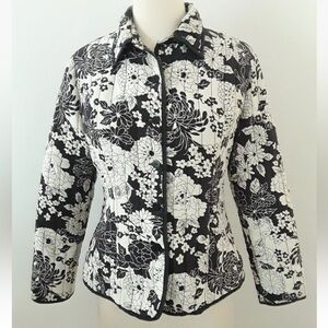 Quilted Floral Jacket Carole Little‎ Women's Medium Black Silk Button Up Blazer